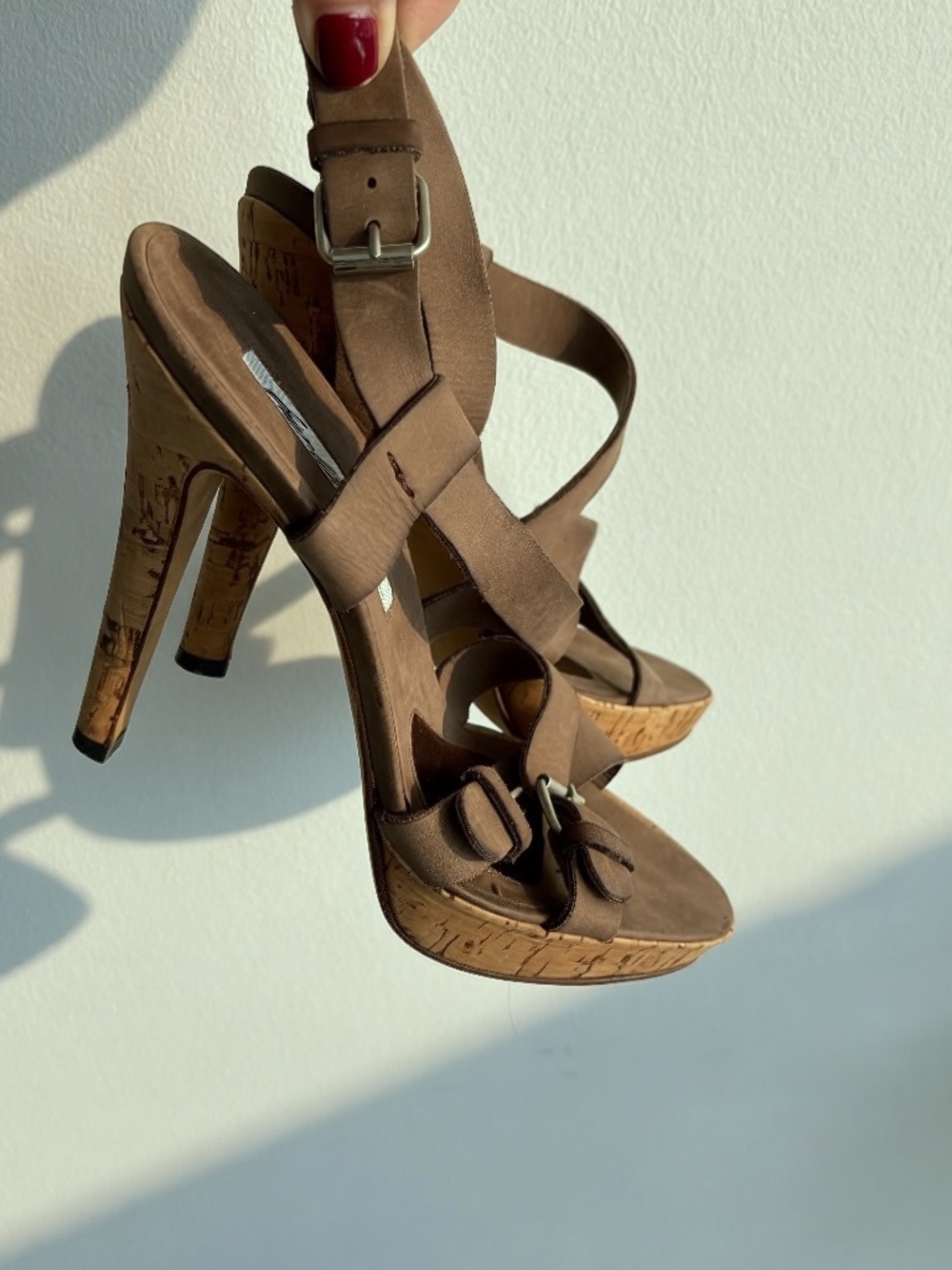 Brian Atwood Cork Heel Sandals 38.5 Made in Italy Y2K Designer Heels